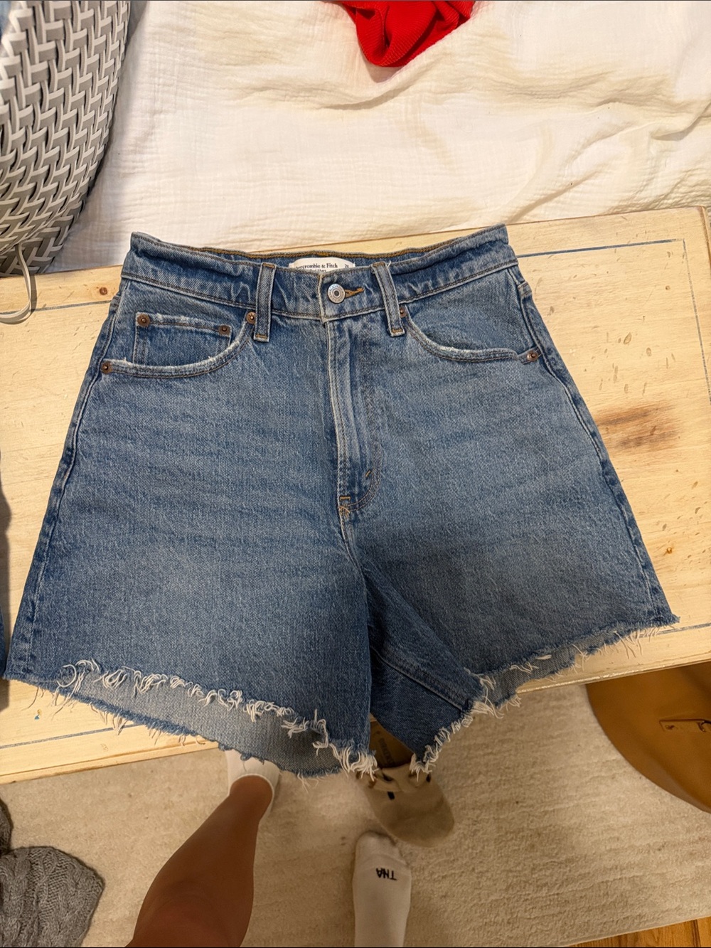 Classic High-Rise Raw-Hem Denim Shorts - Blue